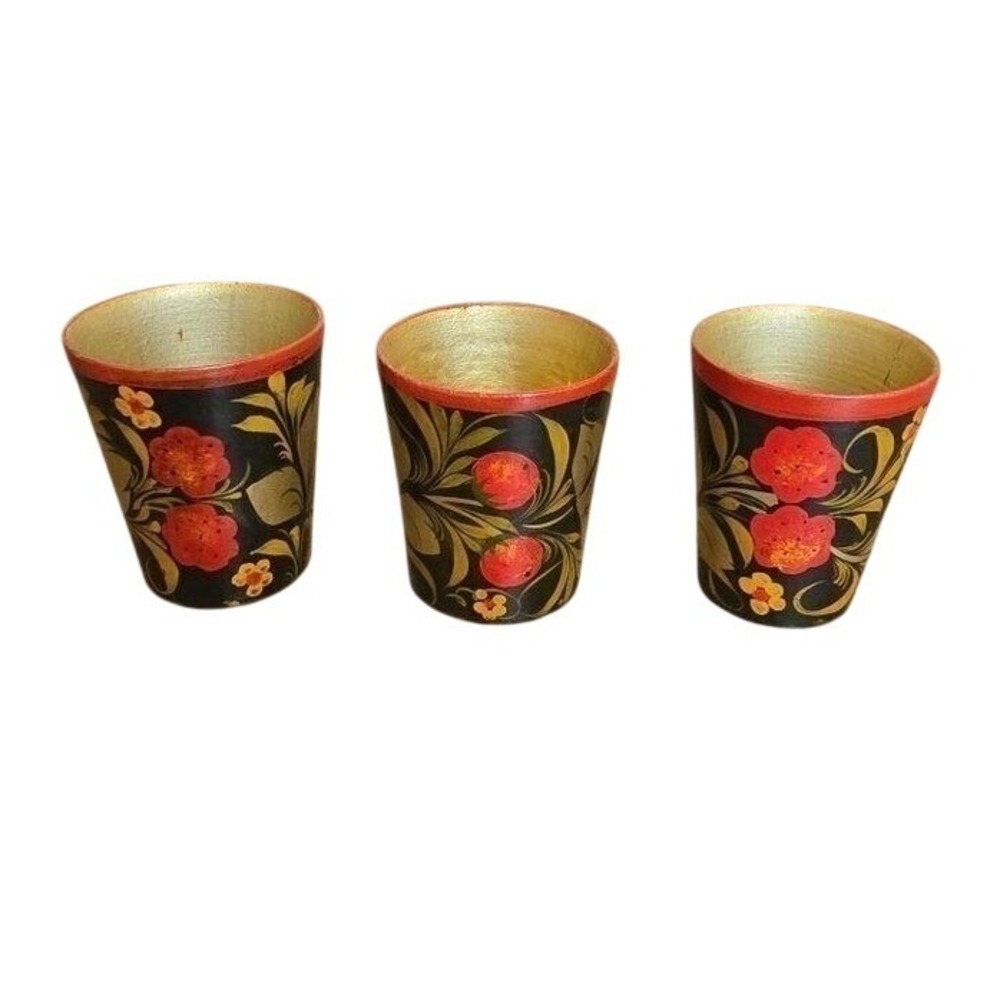 Vintage Hand-Painted Floral Wooden Shot‎ Glasses Set Of 3